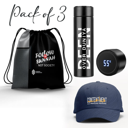 Pack of 3 Draw String Bag, Stainless Steel Vacuum Flask and P-Cap