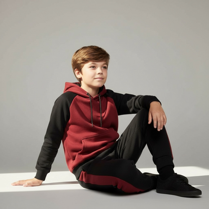 Maroon and Black Kids Hoodie Tracksuit
