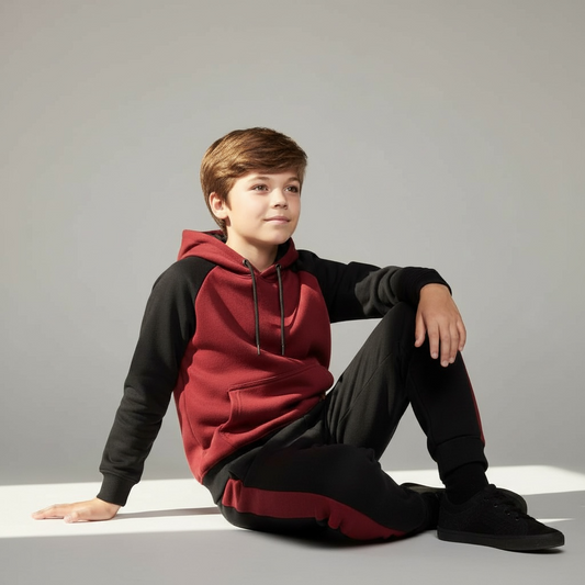 Maroon and Black Kids Hoodie Tracksuit