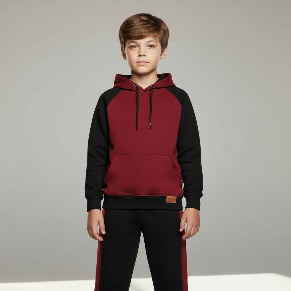 Maroon and Black Kids Hoodie Tracksuit