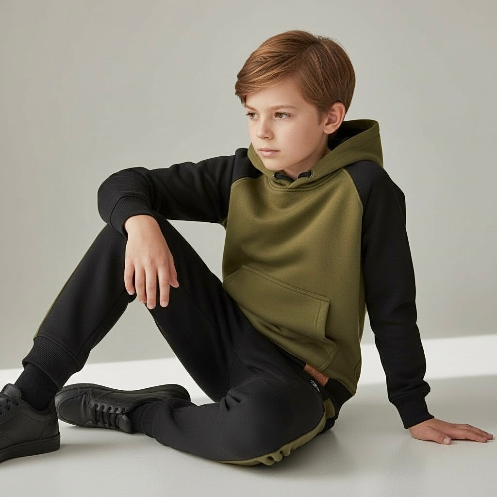 Olive and Black Kids Hoodie Tracksuit