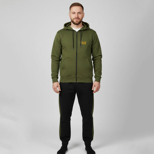 Olive Green and Black Zipper Hoodies Tracksuit