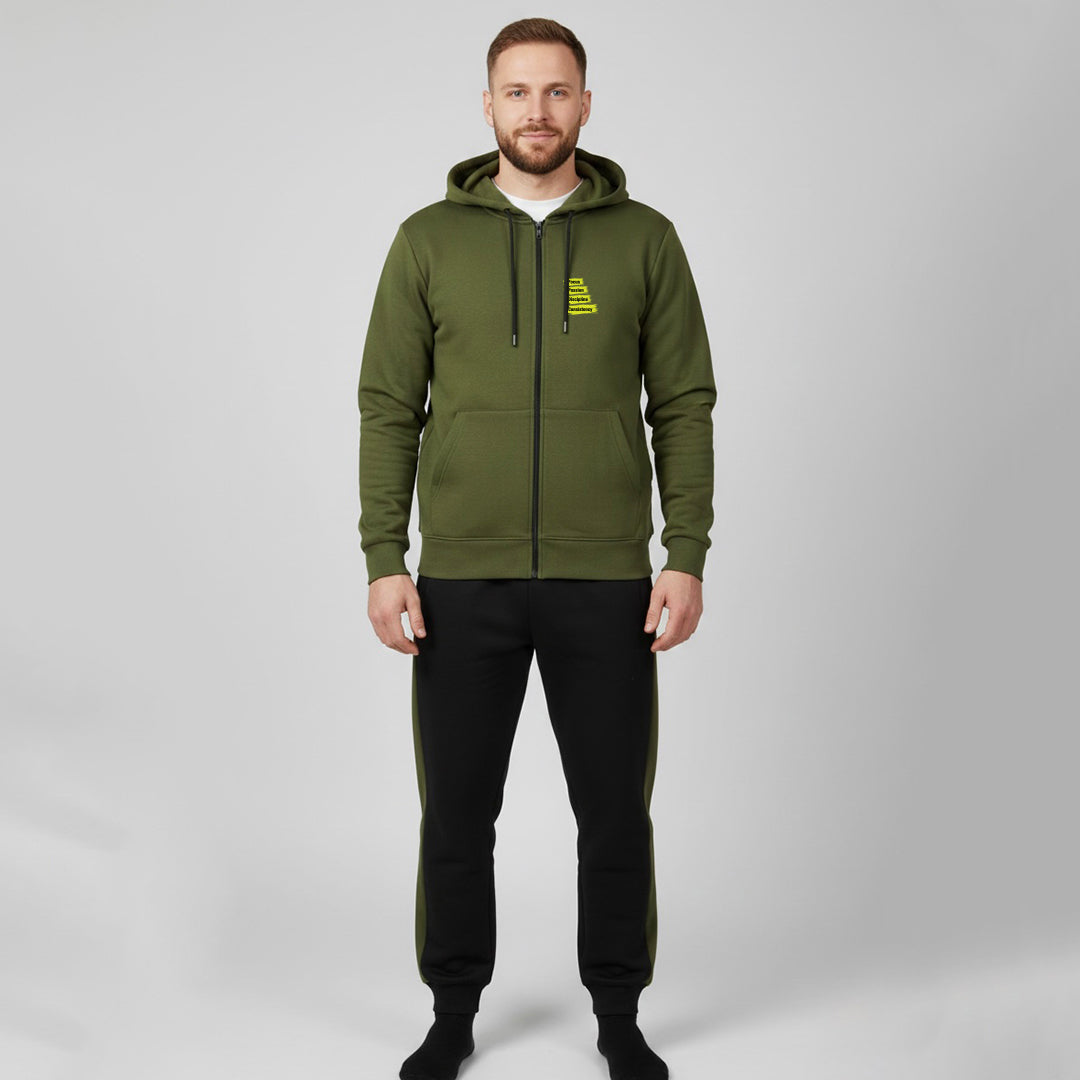 Olive Green and Black Zipper Hoodies Tracksuit
