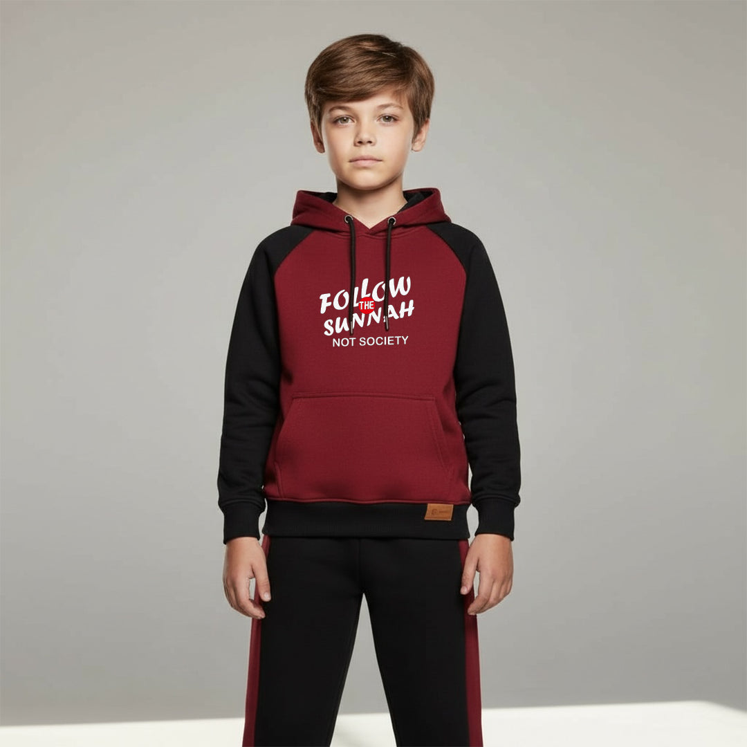Maroon and Black Kids Hoodie Tracksuit