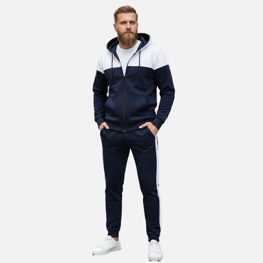 Navy Blue and White Zipper Hoodies Tracksuit