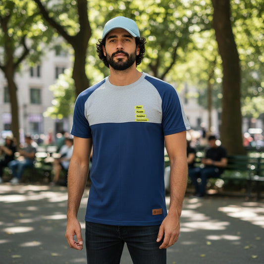 Sunnah Conscious men's blue and heather grey cotton raglan t-shirt with motivational text.