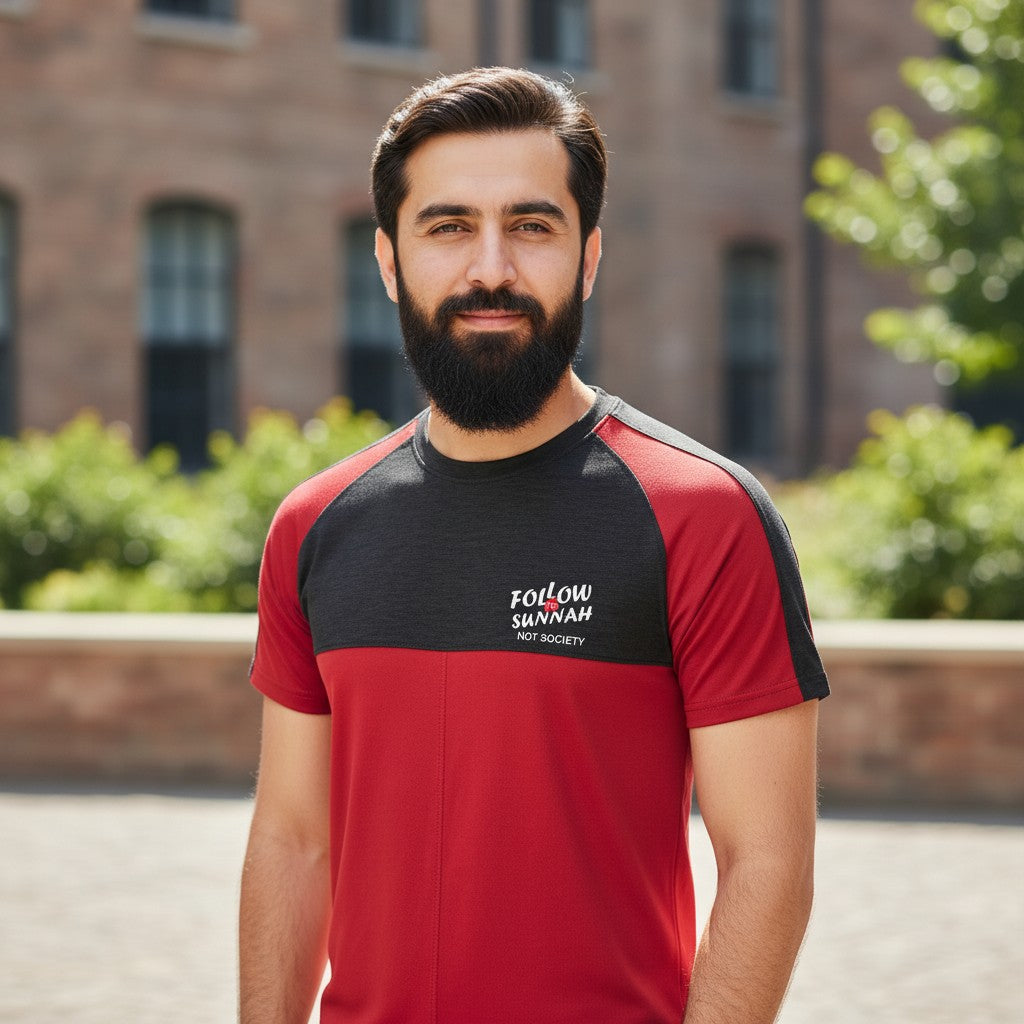 Sunnah Conscious men's maroon and black cotton raglan t-shirt with round neck and graphic print.