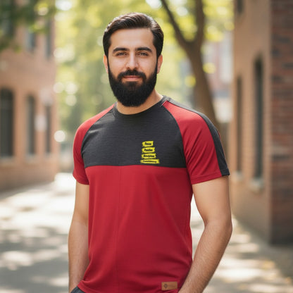 Sunnah Conscious men's maroon and black raglan t-shirt with motivational text graphic on chest. Cotton.
