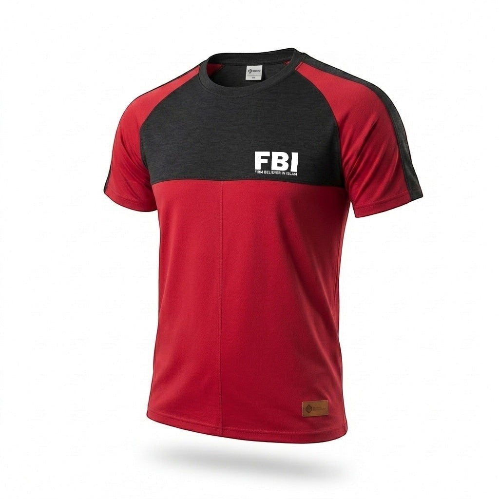 Sunnah Conscious men's maroon and black cotton raglan t-shirt with 'FBI FIRM BELIEVER IN ISLAM' graphic.