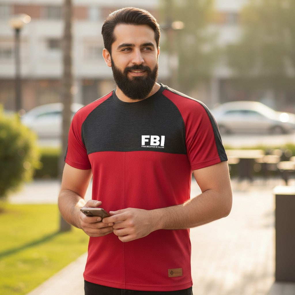 Sunnah Conscious maroon and black raglan t-shirt for men, round neck, cotton fabric, with FBI logo.