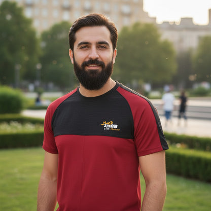 Sunnah Conscious men's maroon and black cotton raglan t-shirt with round neck and Arabic graphic.