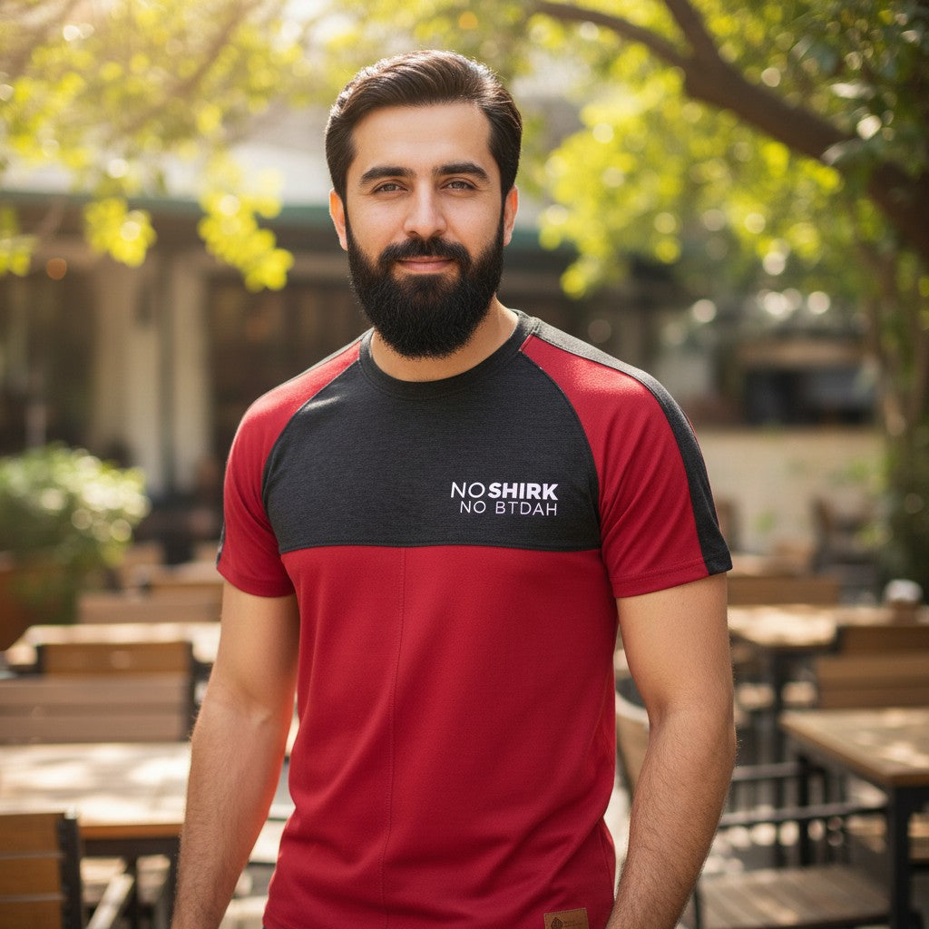 Sunnah Conscious men's maroon and black cotton raglan t-shirt with round neck and white logo.