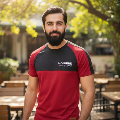Sunnah Conscious men's maroon and black cotton raglan t-shirt with round neck and white logo.