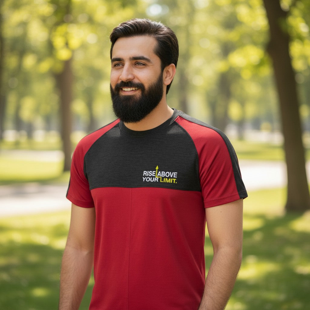 Sunnah Conscious men's maroon and black cotton raglan t-shirt with 'Rise Above Your Limit' graphic.
