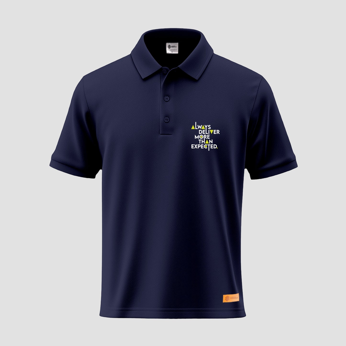 Sunnah Conscious navy blue cotton polo shirt with embroidered "Always Deliver More Than Expected"