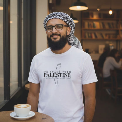 Sunnah Conscious white dry fit t-shirt with "We Stand with Palestine" graphic and Palestine map outline.
