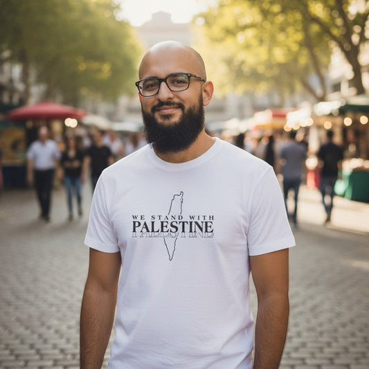 Sunnah Conscious white dry fit t-shirt with "We Stand with Palestine" graphic and Palestine map outline.