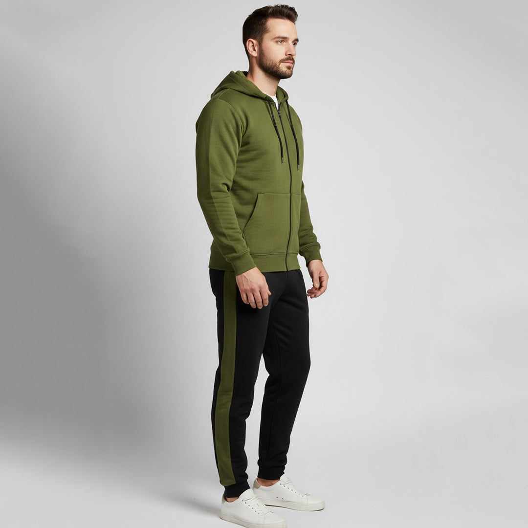 Olive Green and Black Zipper Hoodies Tracksuit