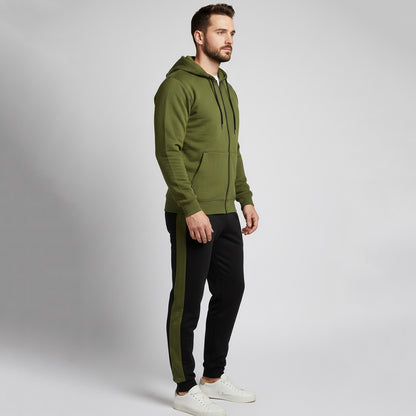 Olive Green and Black Zipper Hoodies Tracksuit