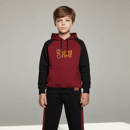 Maroon and Black Kids Hoodie Tracksuit